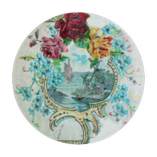 Tabla De Cortar ROMÁNTICA Romántico paisaje marino, flores azules,