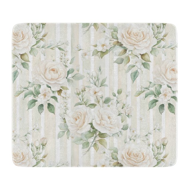 Tabla De Cortar Romántico Rubor White Roses Bandas Florales (Anverso)