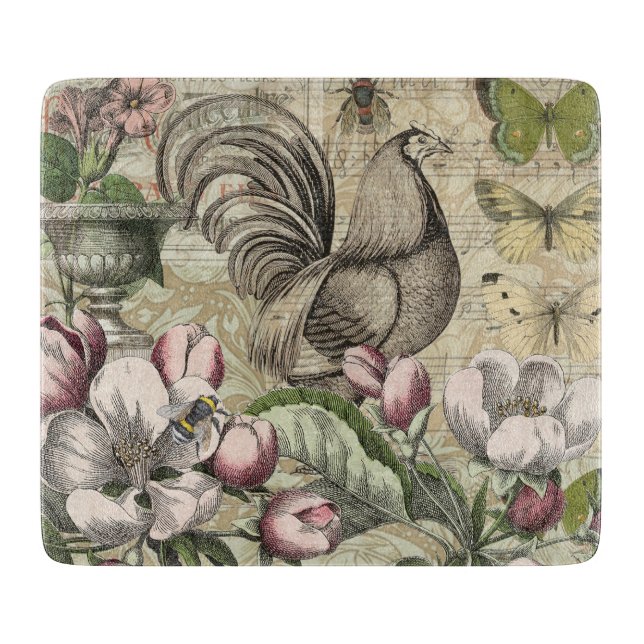 Tabla De Cortar Rooster Garden Flower Butfly Art (Anverso)