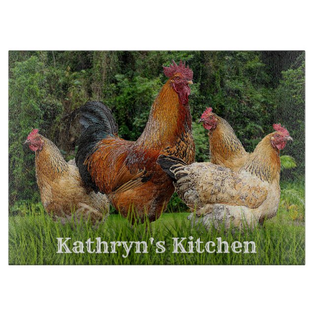 Tabla De Cortar Rooster Rojo y gallinas (Anverso)