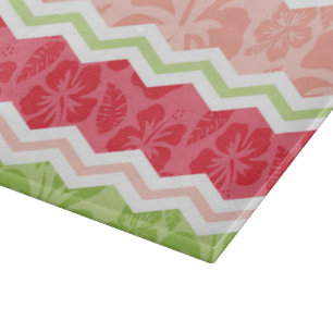 Tabla De Cortar Rosa de coral tropical y Chevron verde claro