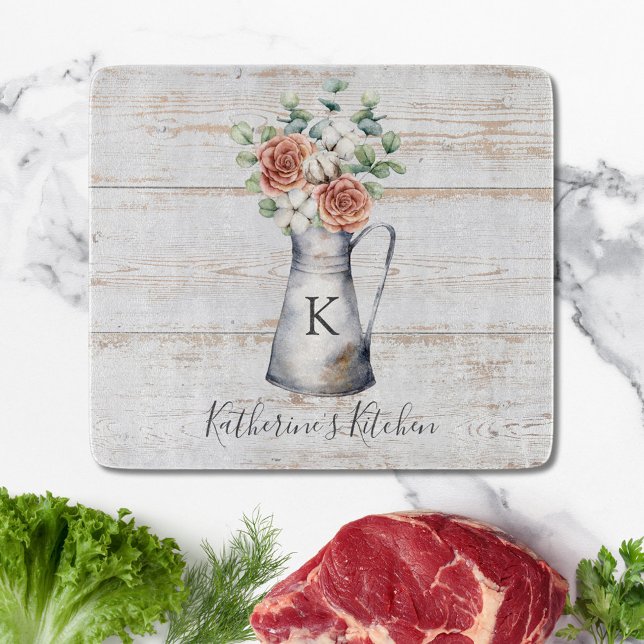 Tabla De Cortar Rosa de monograma rústico de eucalipto de algodón  (In situ)