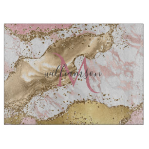 Tabla De Cortar Rosa Dorado Elegante Monograma de Mármol Blanco