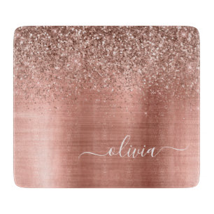 Tabla De Cortar Rosa Oro Metal Brillado Purpurina Monograma