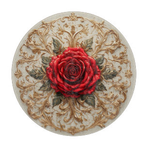 Tabla De Cortar Rosa Roja Elegante Con Floral Dorada Ornamentada