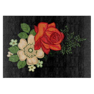 Tabla De Cortar Rosa Roja y Margaritas Fondo Negro