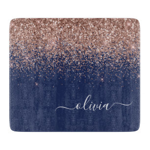 Tabla De Cortar Rosa Rubor Oro Rosa Azul Marino Monograma Brillo