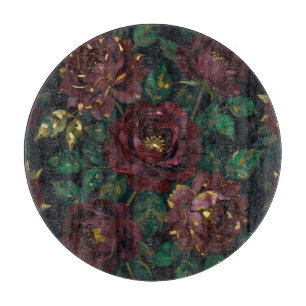 Tabla De Cortar Rosas Burgundy de Lujo con Hojas de Oro Floral