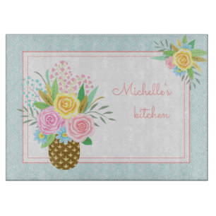 Tabla De Cortar Rosas de Piña Cuta Bouquet Turquesa Rosa