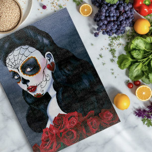 Tabla De Cortar Rosas Rojas Elegantes Cráneo de Azúcar Gótico Muje