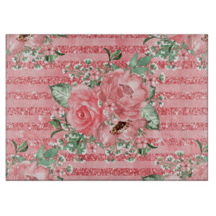 Tabla De Cortar Rosas rosadas florales de acuarela y rayas de bril