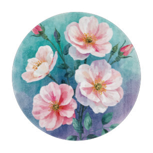 Tabla De Cortar Rosas silvestres rosadas, azul turquesa en acuarel