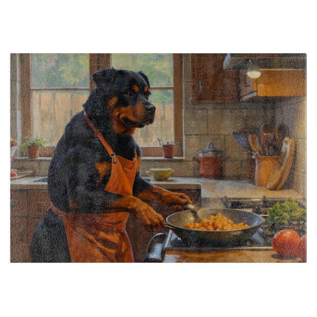Tabla De Cortar Rottweiler cocinando en la cocina (Anverso)
