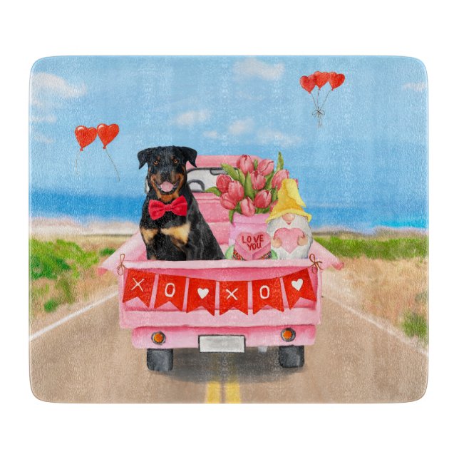 Tabla De Cortar Rottweiler Día de San Valentín Camión Corazones (Anverso)