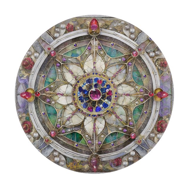 Tabla De Cortar Ruby, Amethyst, Sapphire y Pearl Mandala (Anverso)