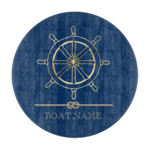 Tabla De Cortar Rueda de barco en oro náutico, azul marino