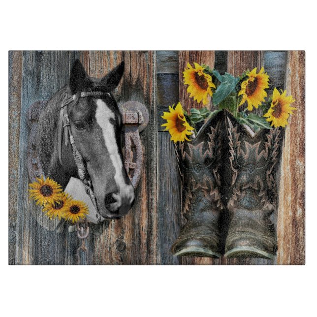 Tabla De Cortar Russe Western Horse Cowboy botas Sunflowers (Anverso)