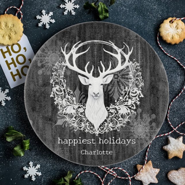Tabla De Cortar Rústica acuarela de reno blanco personalizada (Gray Rustic Watercolor White Reindeer Cutting Board)