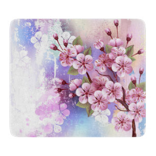 Tabla De Cortar Sakura rosa sobre fondo de pintura