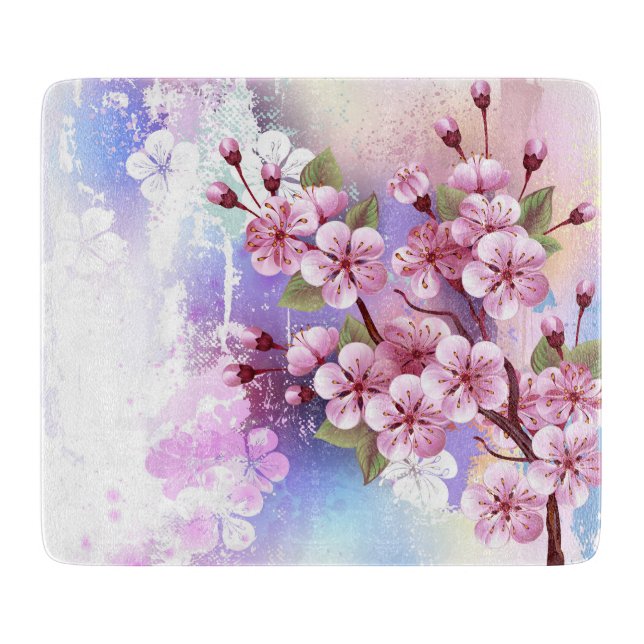 Tabla De Cortar Sakura rosa sobre fondo de pintura (Anverso)