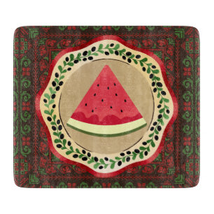 Tabla De Cortar sandía en plato de oliva con tatreez palestino