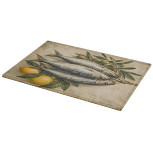 Tabla De Cortar Sardinas Vintage con Limones y Aceitunas Mediterra