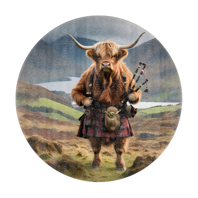 Tabla De Cortar Scottish Highland Cow Bagpiper, (Anverso)