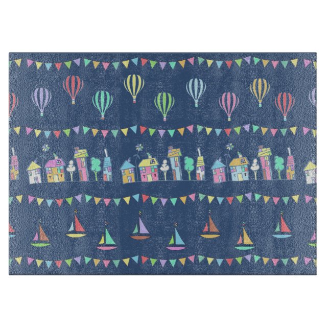 Tabla De Cortar Seaside Town Sail Boats and Bunting Pattern Blue (Anverso)