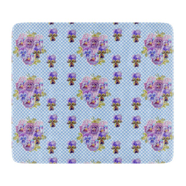 Tabla De Cortar Shabby Chic Pansy Floral Blue Gingham Checks (Anverso)