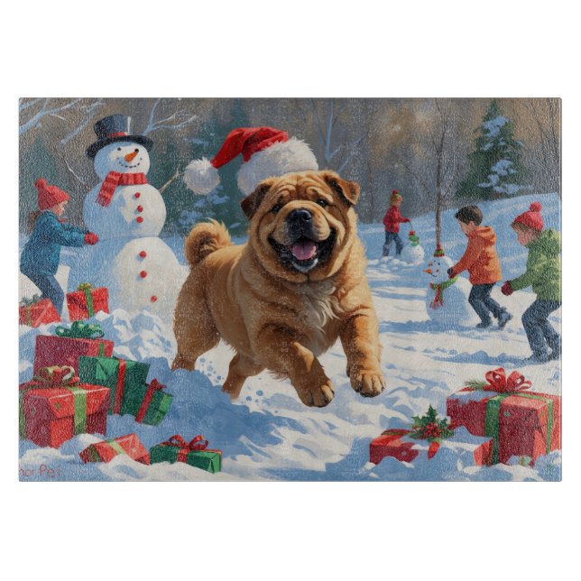 Tabla De Cortar Shar Pei en Nieve con Gorra Navidad (Anverso)
