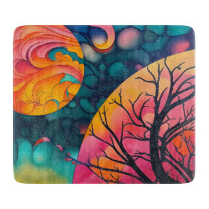 Tabla De Cortar Silueta de árbol de luna llena rosa y dorado