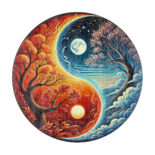 Tabla De Cortar Símbolo Intrincado Yin-Yang que Muestra Fuego, Agu
