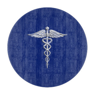 Tabla De Cortar Símbolo médico cromado estilo Caduceus sobre azul