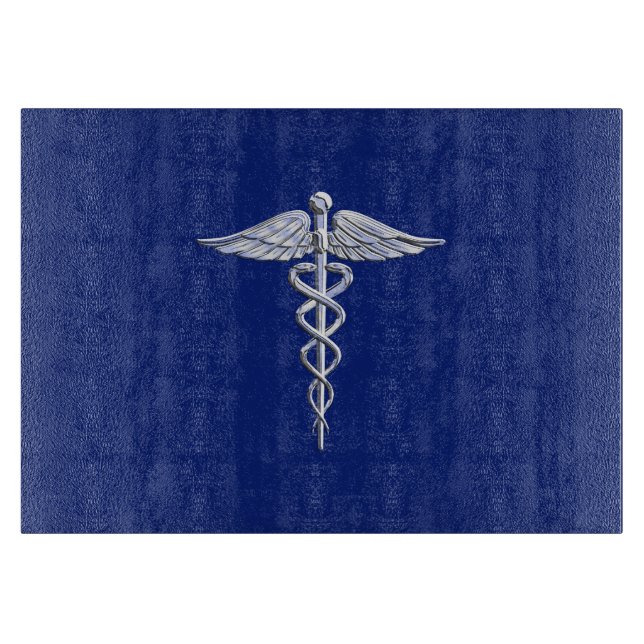 Tabla De Cortar Símbolo médico cromado estilo Caduceus sobre azul  (Anverso)