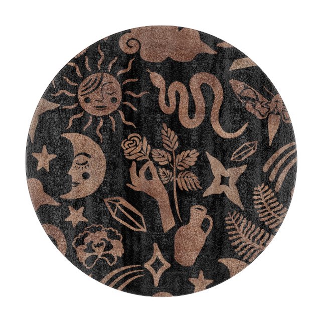 Tabla De Cortar Símbolos místicos: serpiente, sol, luna. (Anverso)