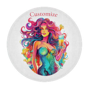 Tabla De Cortar Sirenita de cabello arcoiris con cóctel