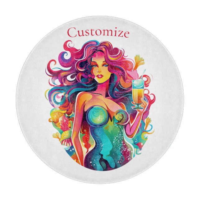 Tabla De Cortar Sirenita de cabello arcoiris con cóctel (Anverso)