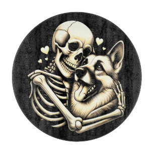 Tabla De Cortar Skeleton abrazando a perro Halloween Pastor alemán
