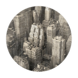 Tabla De Cortar Skyline de Manhattan, aéreo blanco y negro.