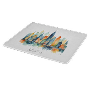 Tabla De Cortar Skyline Urban Cityscape Watercolor City Kitchen