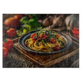 Tabla De Cortar Spaghetti Puttanesca con tomates frescos y oliva