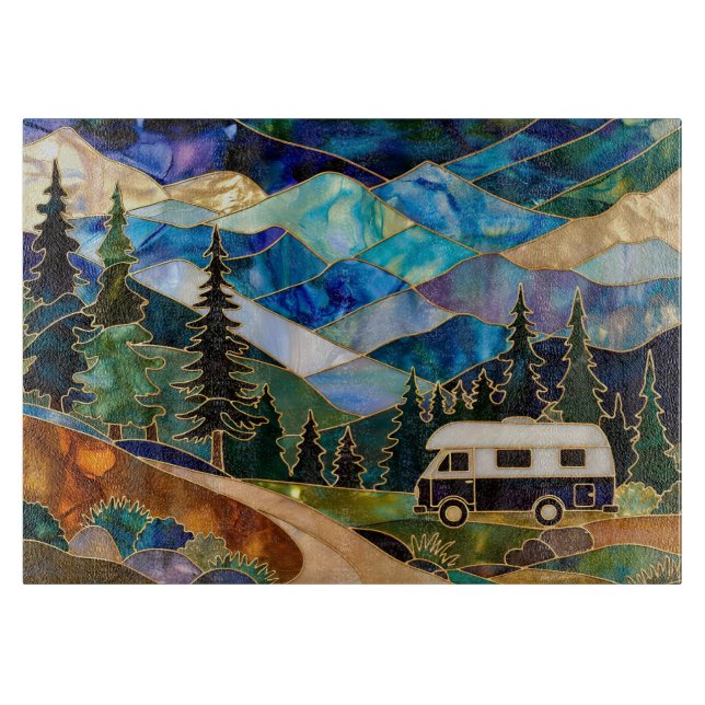 Tabla De Cortar Stained Glass Camper Mountain Landscape (Anverso)