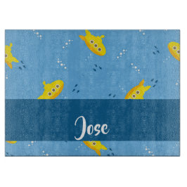 Tabla De Cortar Submarino amarillo y pescado azul