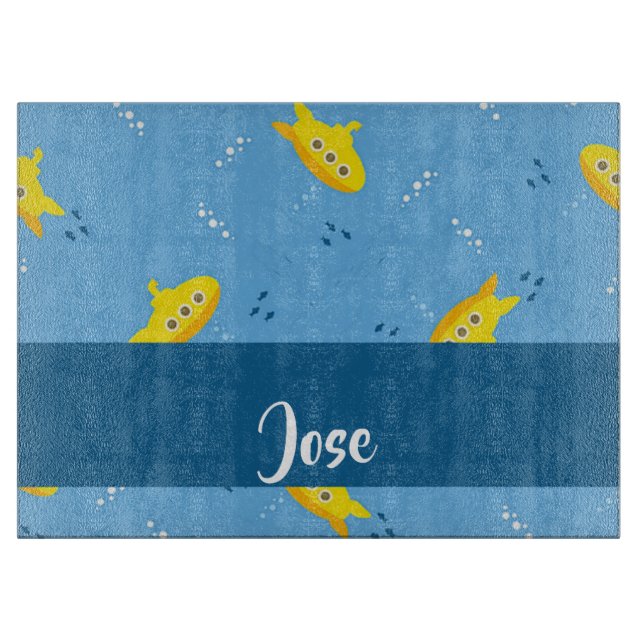Tabla De Cortar Submarino amarillo y pescado azul (Anverso)