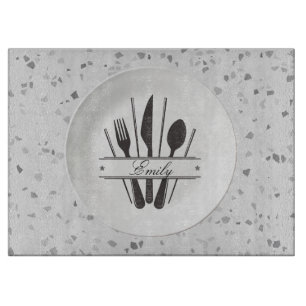 Tabla De Cortar Tablero de corte de vidrio de granito gris persona