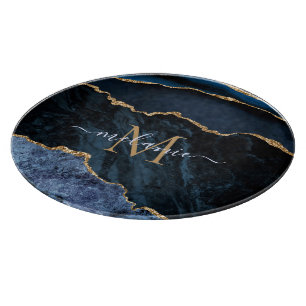 Tabla De Cortar Tablón de corte de oro azul con letra de nombre pe