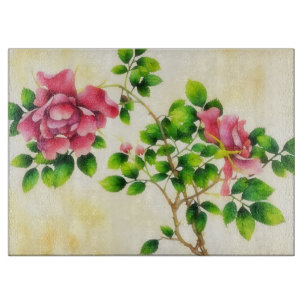 Tabla De Cortar Tablón de corte de vidrio con rosas de estilo vint