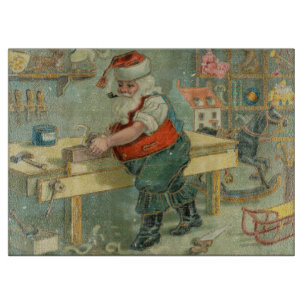 Tabla De Cortar Tarjeta de Navidad Vintage - Santa en su taller