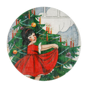 Tabla De Cortar Tarjeta postal retro de Navidad, niño y árbol de N