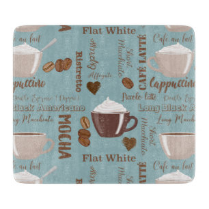 Tabla De Cortar Tazas De Café Lindas Granos De Cafeína Crema Coraz